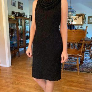 Vintage Black Slinky Wiggle Short Beaded Dress With Low Back and Scarf